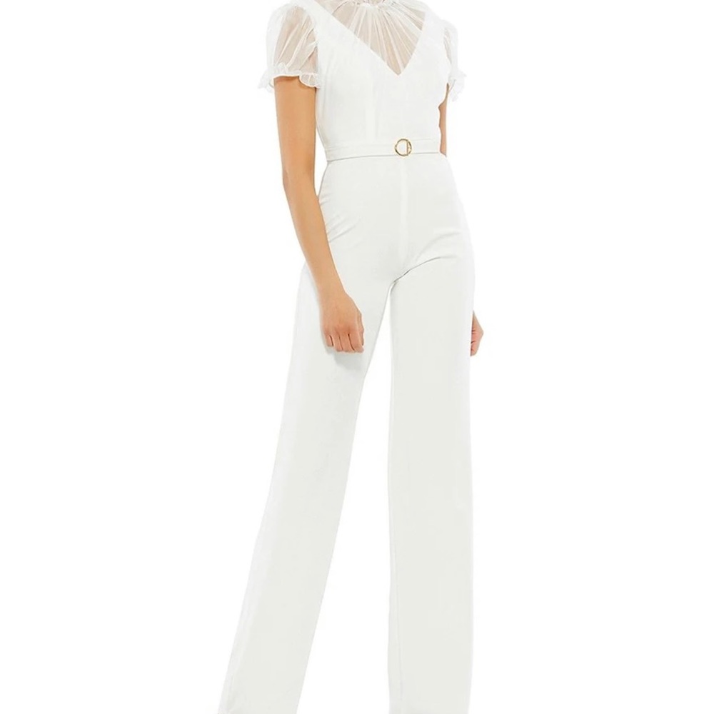 Illusion Ruffle Mock Neck Short Puff Sleeve Belt Waist Jumpsuit